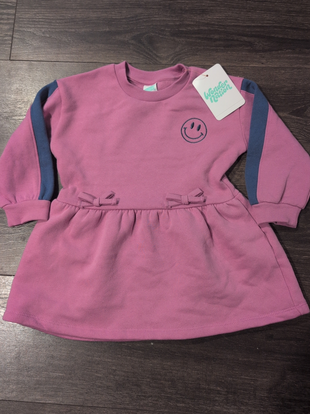 Girls 2T Embroidered Graphic Smiley Fleece Dress with Long Sleeves Bow NWT